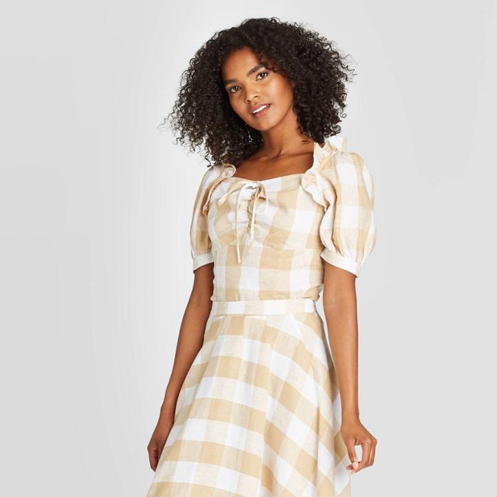 Women's Plaid Puff Short Sleeve Blouse - Who What Wear Beige