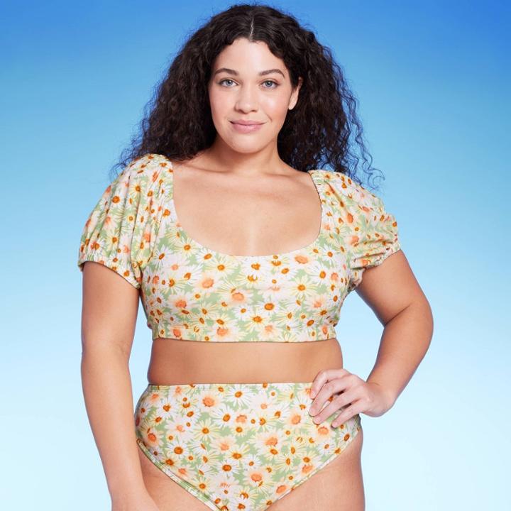 Women's Puff Sleeve Bikini Top - Wild Fable Green Daisy Print X