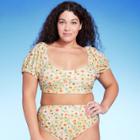Women's Puff Sleeve Bikini Top - Wild Fable Green Daisy Print X