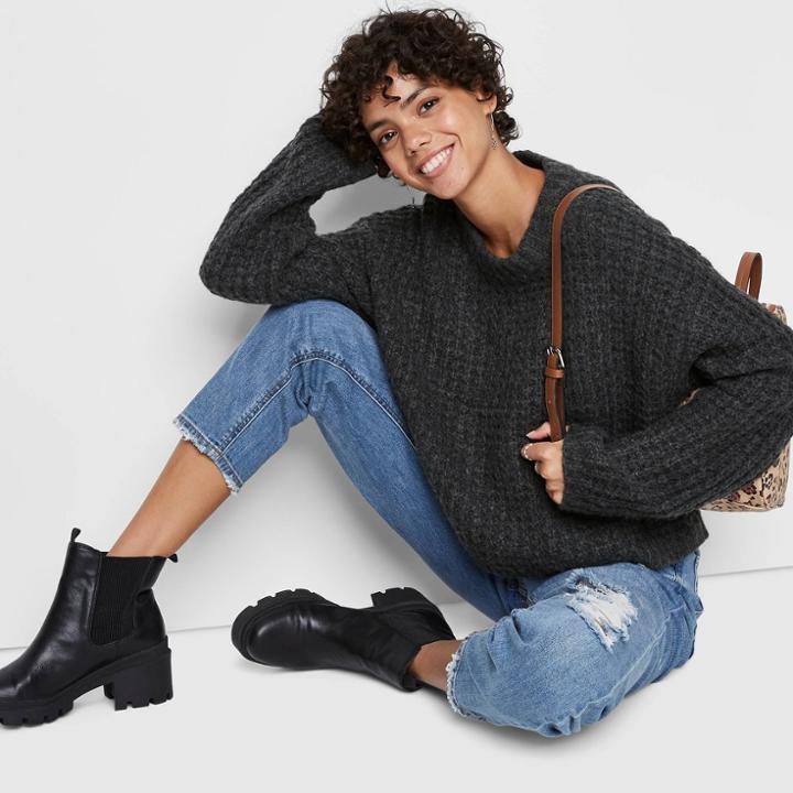 Women's Crewneck Waffle Knit Pullover Sweater - Wild Fable Charcoal Gray