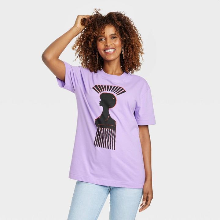 No Brand Black History Month Women's Hair Pic Short Sleeve T-shirt - Purple