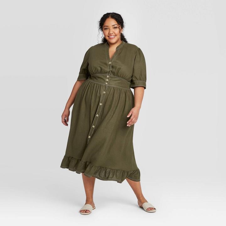 Women's Plus Size Elbow Sleeve Button-down Dress - Who What Wear Green 1x, Women's,