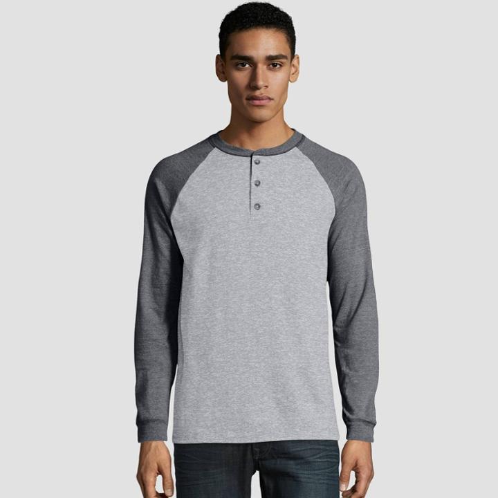 Hanes Men's Long Sleeve Beefy Raglan Henley Shirt - Heather Gray