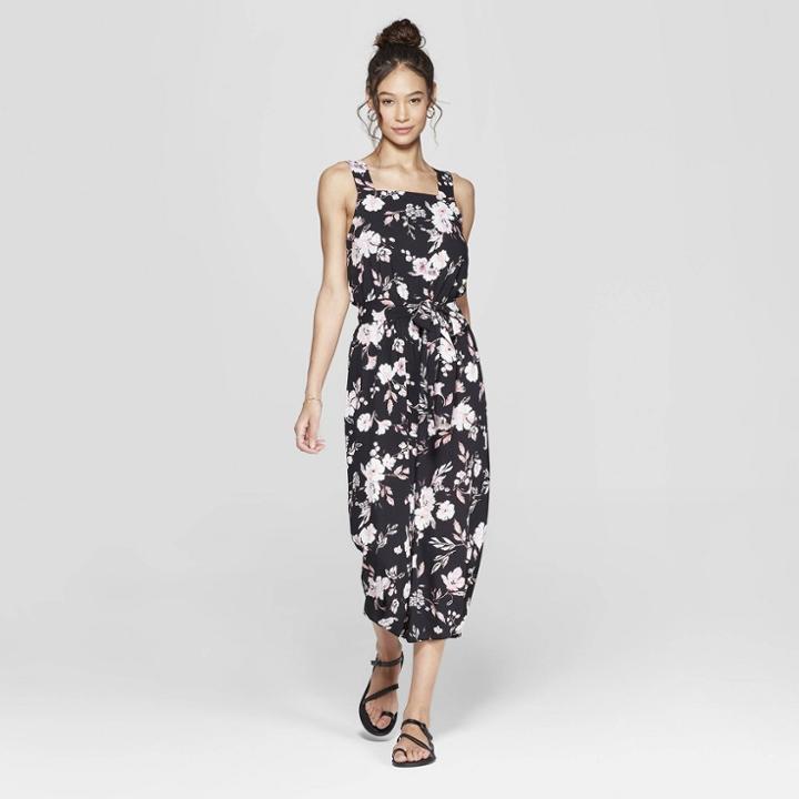 Women's Floral Print Strappy Square Neck Waist Tie Jumpsuit - Xhilaration Black
