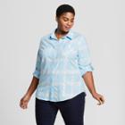 Women's Plus Size Plaid Button-down Long Sleeve Shirt With Shine - Ava & Viv Blue