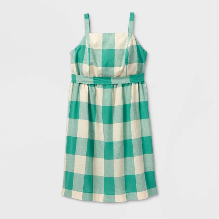 Women's Plus Size Gingham Tank Maxi Dress With Belt - Ava & Viv Green X, Women's