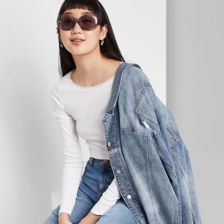 Women's Long Sleeve Crewneck Lace Trim T-shirt - Wild Fable White