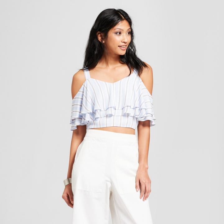 Women's Striped Cold Shoulder Crop Top - Needlework Blue/white
