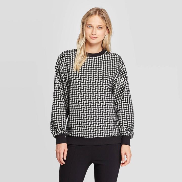 Women's Houndstooth Long Sleeve Crewneck Sweatshirt - Who What Wear Black S, Size: Small, Black/white