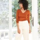 Women's Long Sleeve V-neck Fitted T-shirt - A New Day Rust
