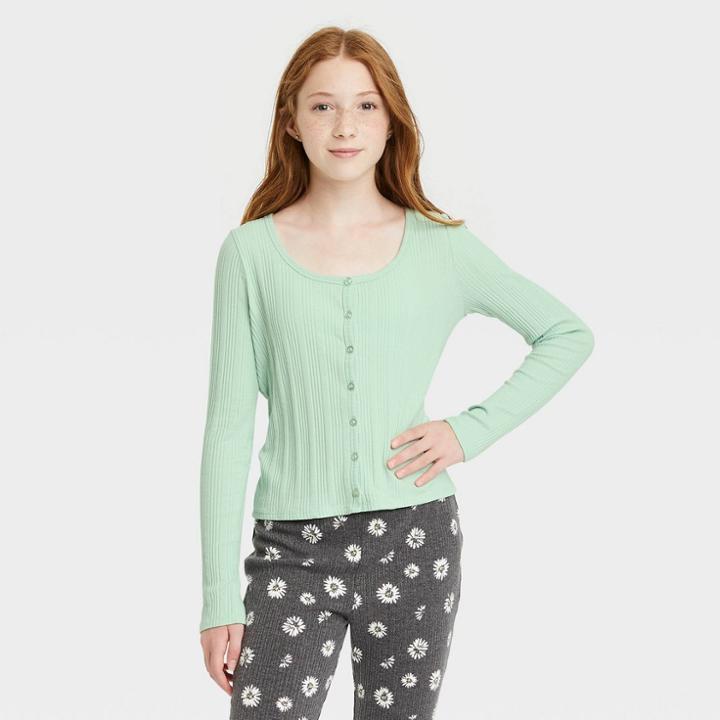 Girls' Rib Button-front Long Sleeve T-shirt - Art Class Light Green