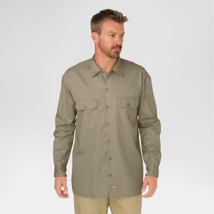 Dickies Men's Big & Tall Original Fit Long Sleeve Twill Work Shirt- Khaki (green)