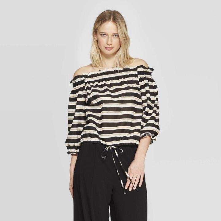 Women's Striped 3/4 Sleeve Off The Shoulder Bardot Top - Who What Wear Black/white