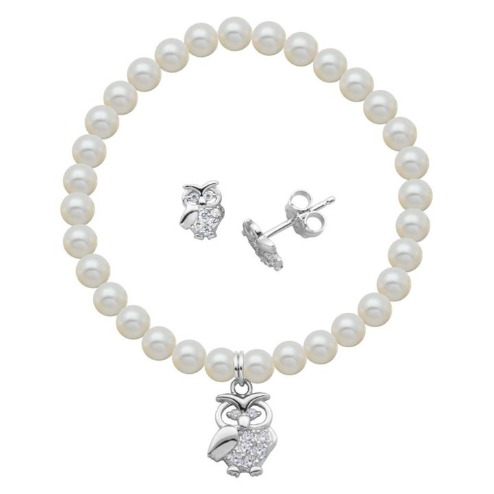 Prime Art & Jewel Children's Sterling Silver White Shell Pearl And White Crystal Cross Stud And Bracelet Combo, Girl's, Natural