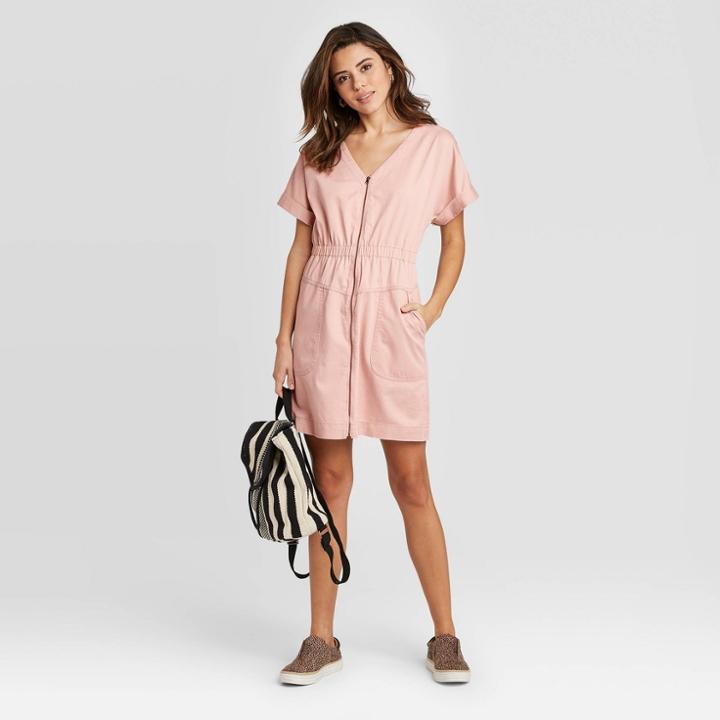 Women's Short Sleeve V-neck Zip-up Elastic Waist Dress - Universal Thread Pink Xs, Women's,