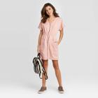 Women's Short Sleeve V-neck Zip-up Elastic Waist Dress - Universal Thread Pink Xs, Women's,