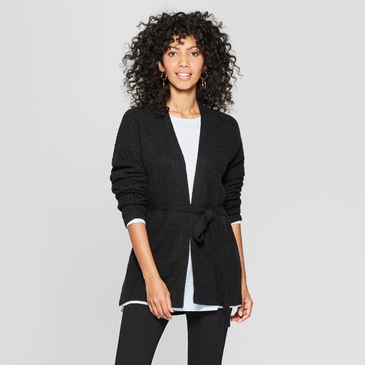 Women's Belted Open Layering Cardigan Sweater - A New Day Black