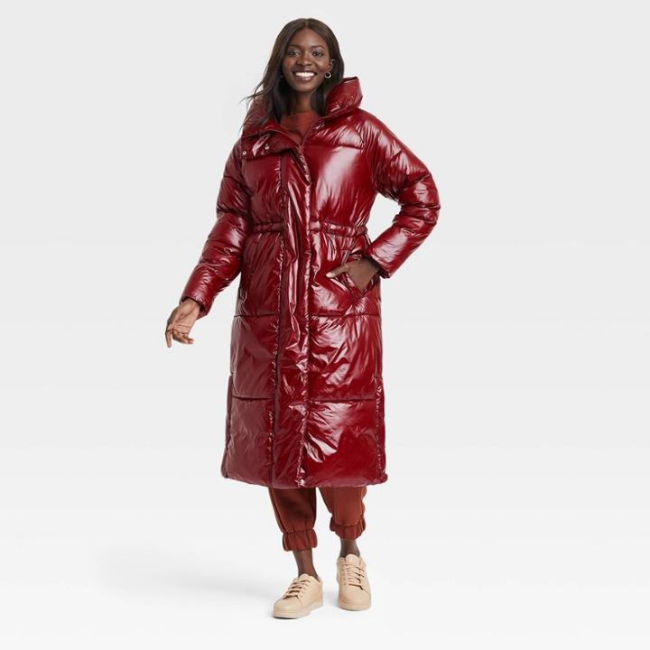 Women's Duvet Wet Look Puffer Jacket - A New Day Berry