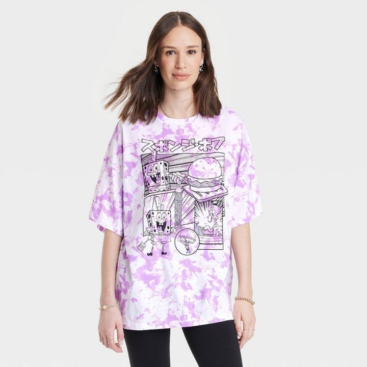 Nickelodeon Women's Spongebob Oversized Short Sleeve Graphic T-shirt - Purple Tie-dye