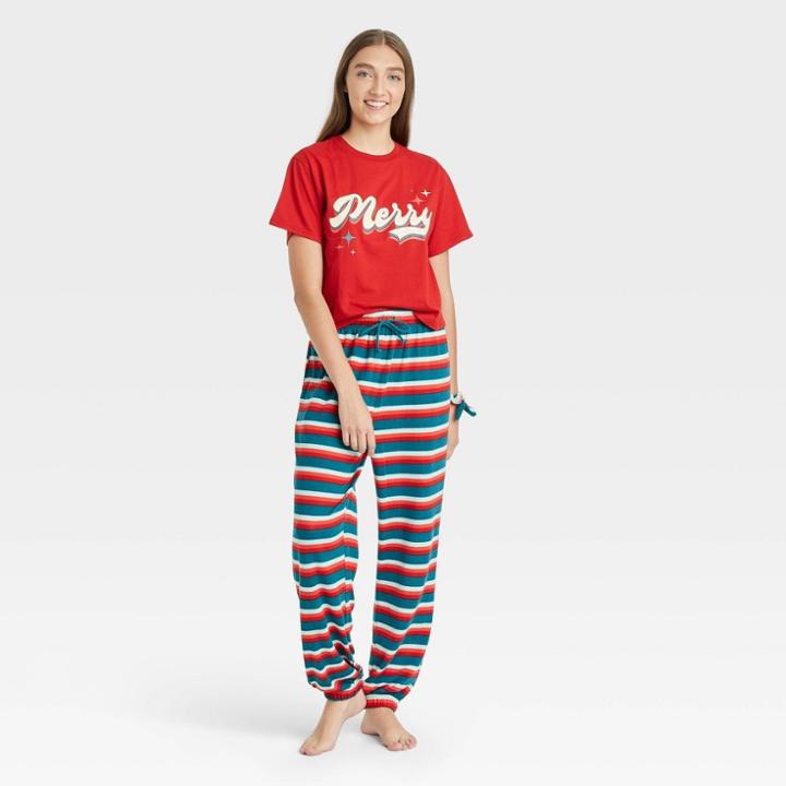 Mighty Fine Women's Merry Striped 3pc Scrunchie And Pajama Set - Green/red