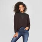 Women's Long Sleeve Woven Top With Lace Neck - Xhilaration Black