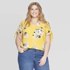 Women's Plus Size Floral Print Tie Short Sleeve Blouse - Ava & Viv Yellow