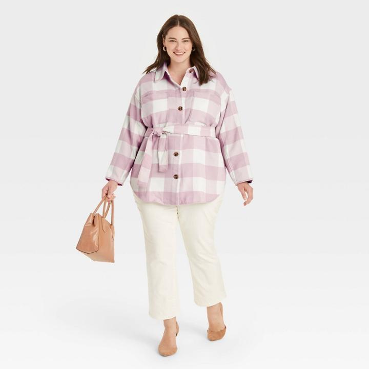 Women's Plus Size Belted Shirt Jacket - A New Day Pink Check