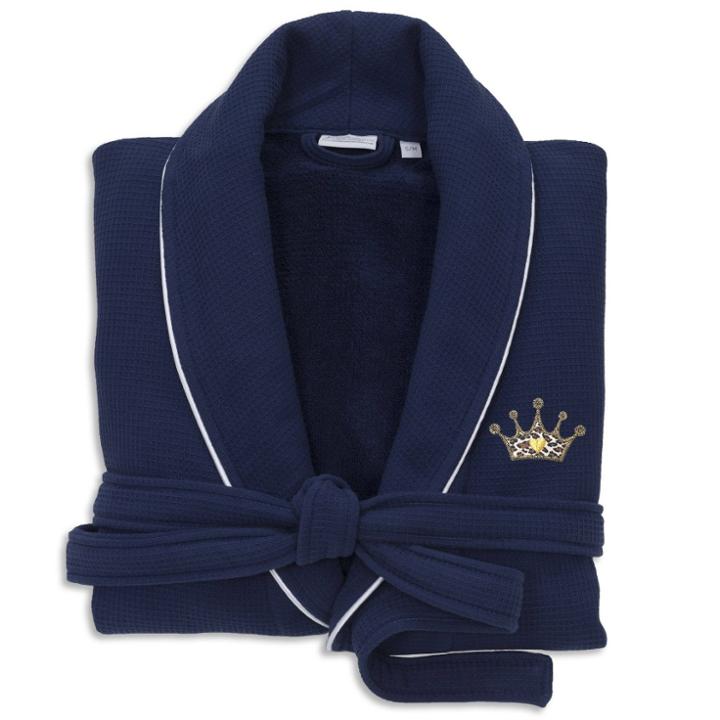 S/m Waffle Terry Bathrobe With Cheetah Crown Design Navy - Linum Home Textiles, Blue
