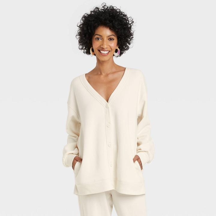 Women's All Day Fleece Button-front Cardigan - A New Day Cream