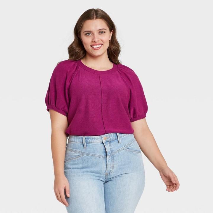 Women's Plus Size Short Sleeve Crewneck Pullover Sweater - Universal Thread Purple