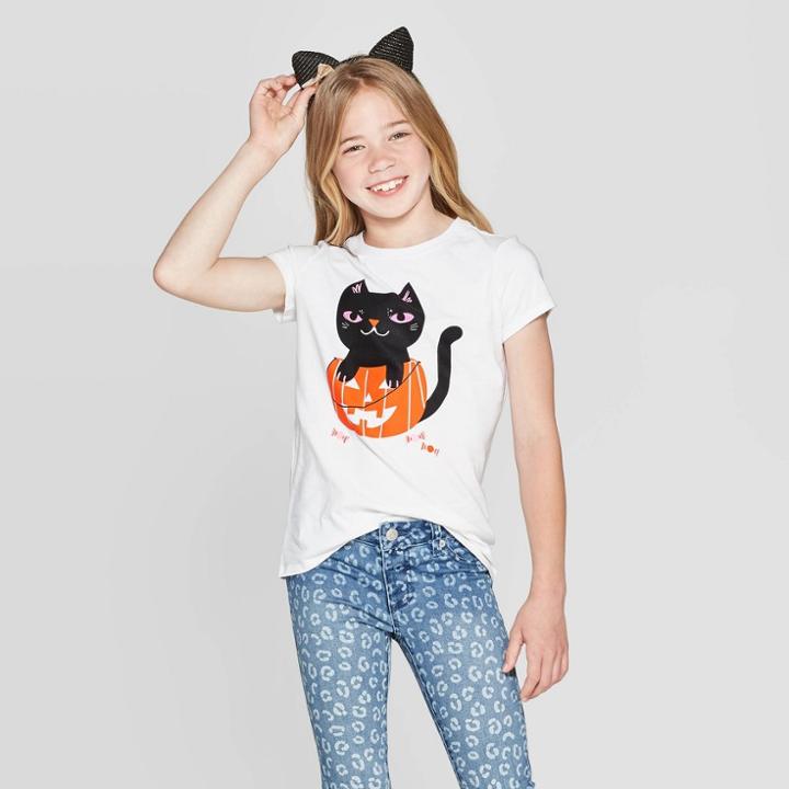 Girls' Short Sleeve Black Cat Halloween Graphic T-shirt - Cat & Jack White