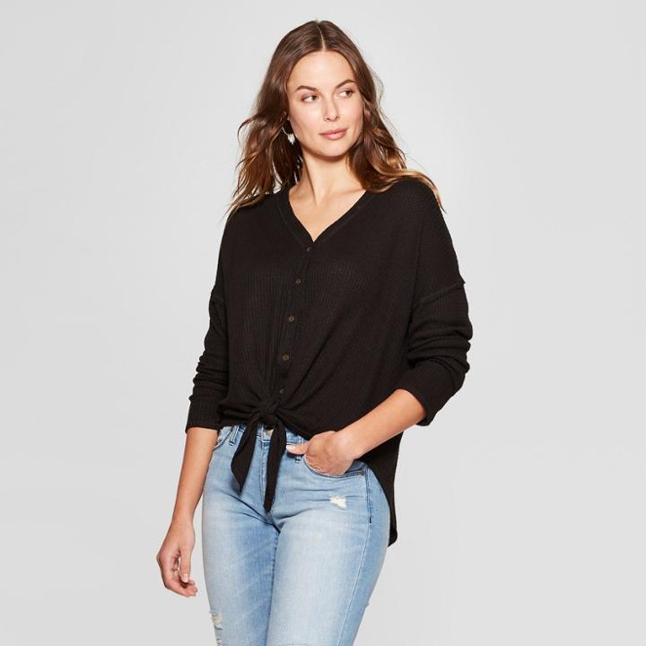 Women's Long Sleeve Waffle Knit Tie Front Blouse - Knox Rose Black