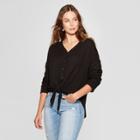 Women's Long Sleeve Waffle Knit Tie Front Blouse - Knox Rose Black