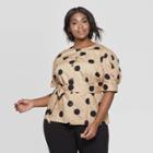 Women's Plus Size Polka Dot Short Sleeve Crewneck Button Front Tie Waist Top - Who What Wear Khaki/black (green/black)