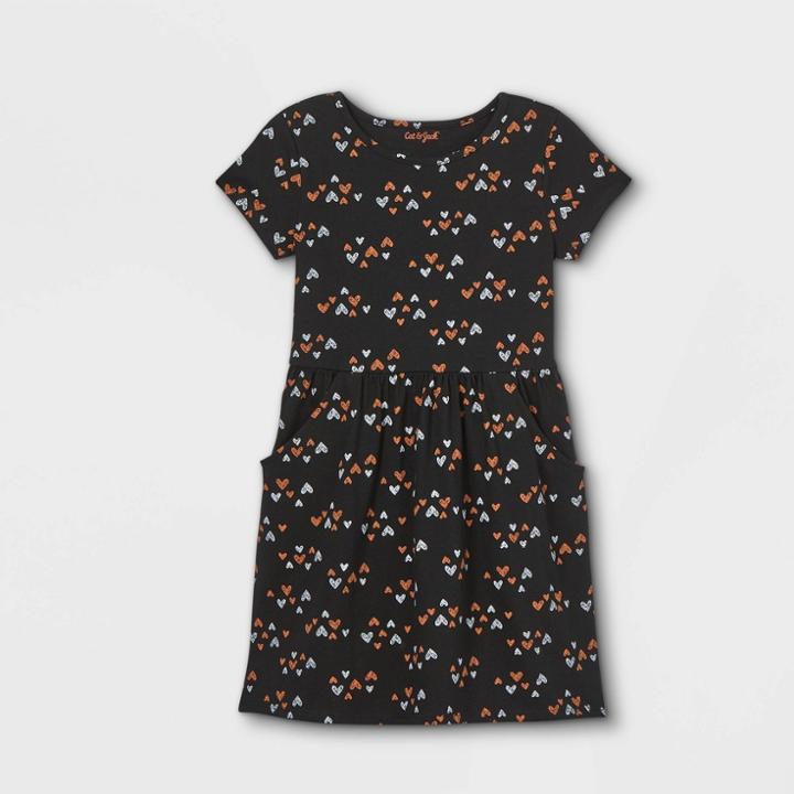 Girls' 'halloween Hearts' Printed Knit Short Sleeve Dress - Cat & Jack Black/orange