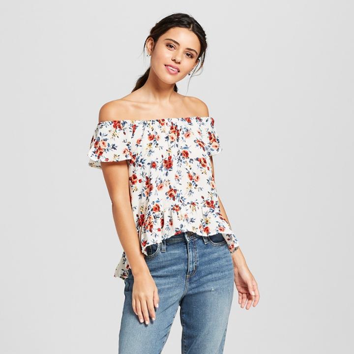 Women's Floral Print Short Sleeve Off The Shoulder Top - Lily Star (juniors') Ivory