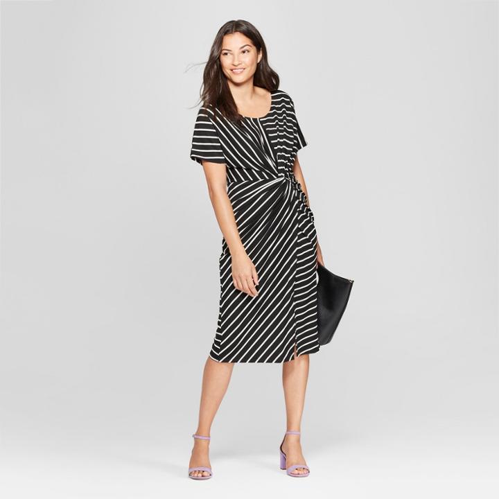 Women's Striped Short Sleeve Twist Front Knit Dress - A New Day Black