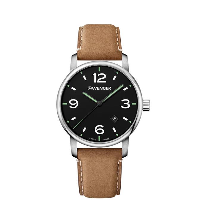 Men's Wenger Urban Metropolitan - Swiss Made - Black Dial Light Leather Strap Watch - Brown