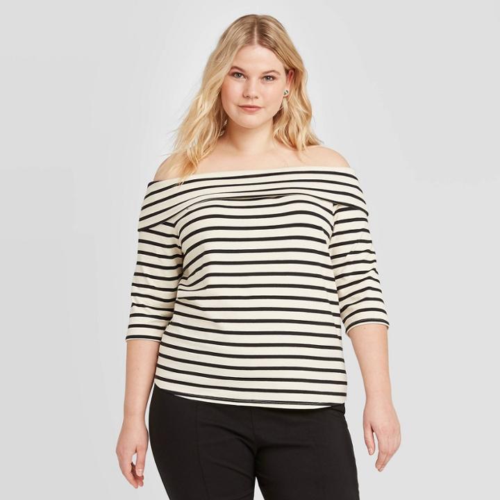 Women's Plus Size Striped Long Sleeve Blouse - Who What Wear Cream 1x, Women's, Size: