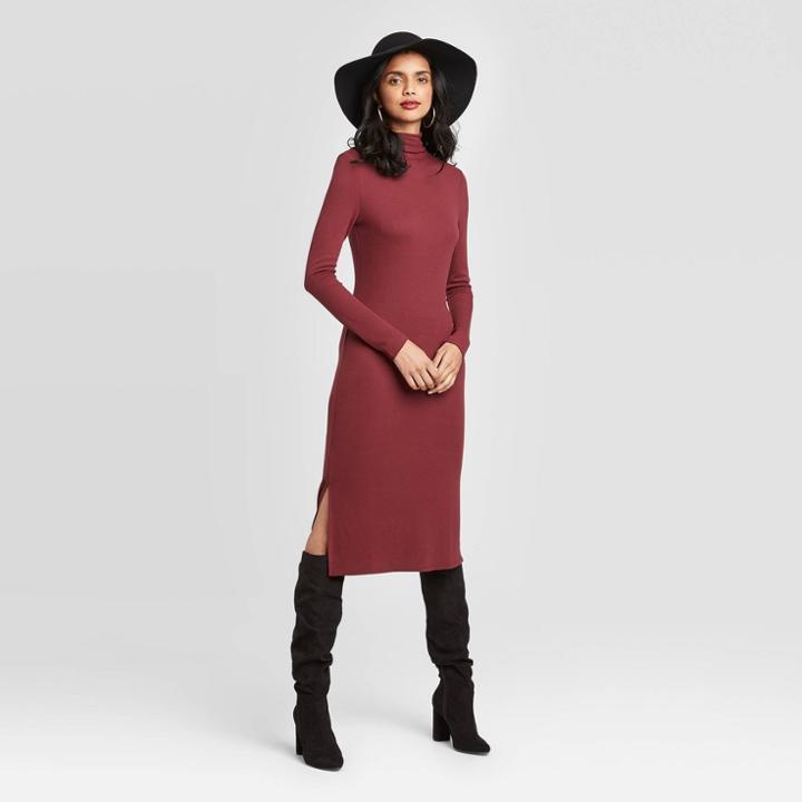 Women's Long Sleeve Mock Turtleneck Rib Knit Midi Dress - A New Day Red