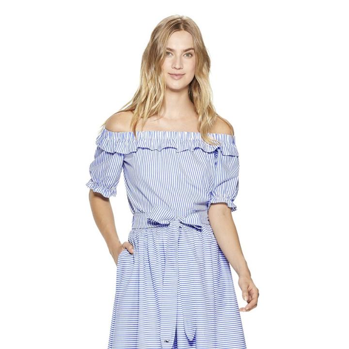 Women's Striped Off The Shoulder Short Sleeve Bardot Top - Navy/white L - Vineyard Vines For Target, Blue