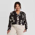 Women's Plus Size Floral Print Long Sleeve Romantic Ruffle Blouse - A New Day Black