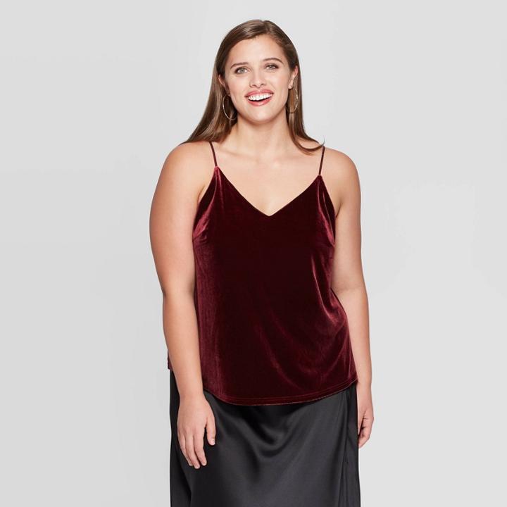 Women's Plus Size V-neck Velour Fashion Cami - A New Day Burgundy 1x, Women's,