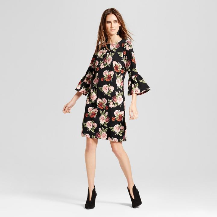 Women's Floral Ruffle Sleeve Shift Dress - Alison Andrews Black