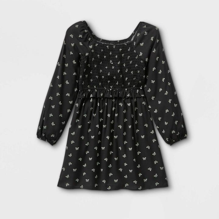 Girls' Smocked Challis Long Sleeve Dress - Art Class Black