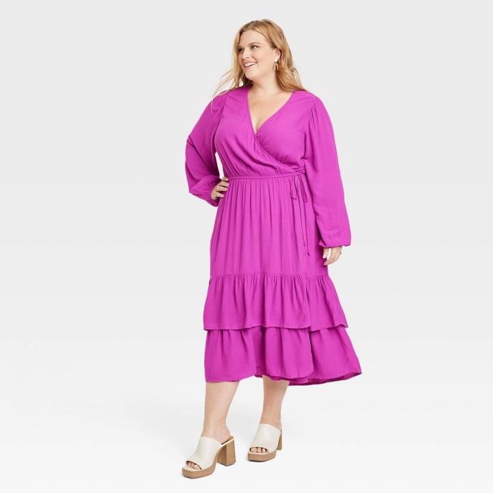 Women's Plus Size Long Sleeve Wrap Dress - Knox Rose Pink