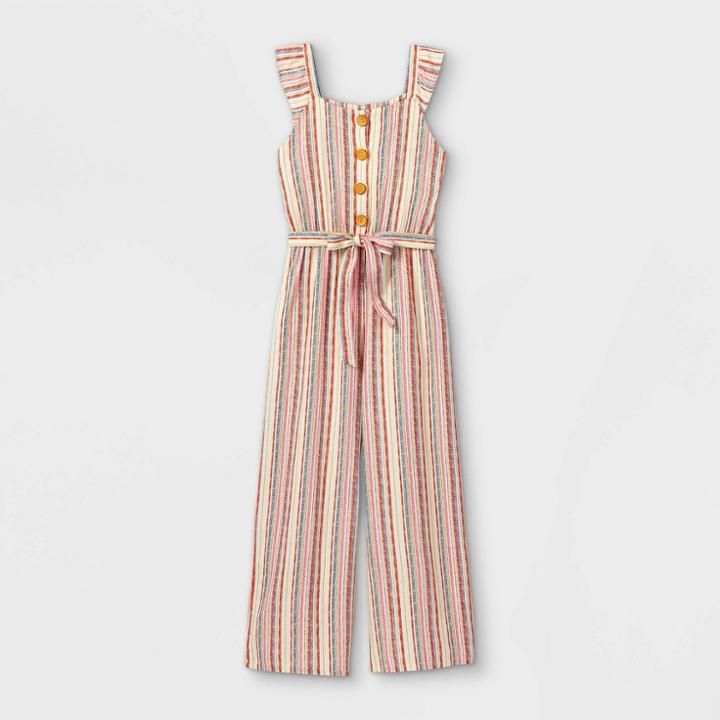 Girls' Ruffle Strap Button-front Short Sleeve Jumpsuit - Art Class Xs, Black/brown/white