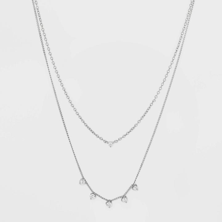Silver Plated Cubic Zirconia And Curb Faux Duo Chain Necklace - A New Day