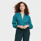 Women's Long Sleeve Popover Top - A New Day Teal