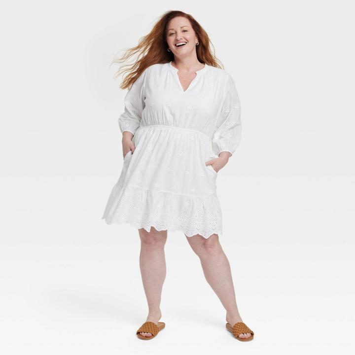 Women's Plus Size Bishop 3/4 Sleeve Eyelet A-line Dress - Knox Rose White